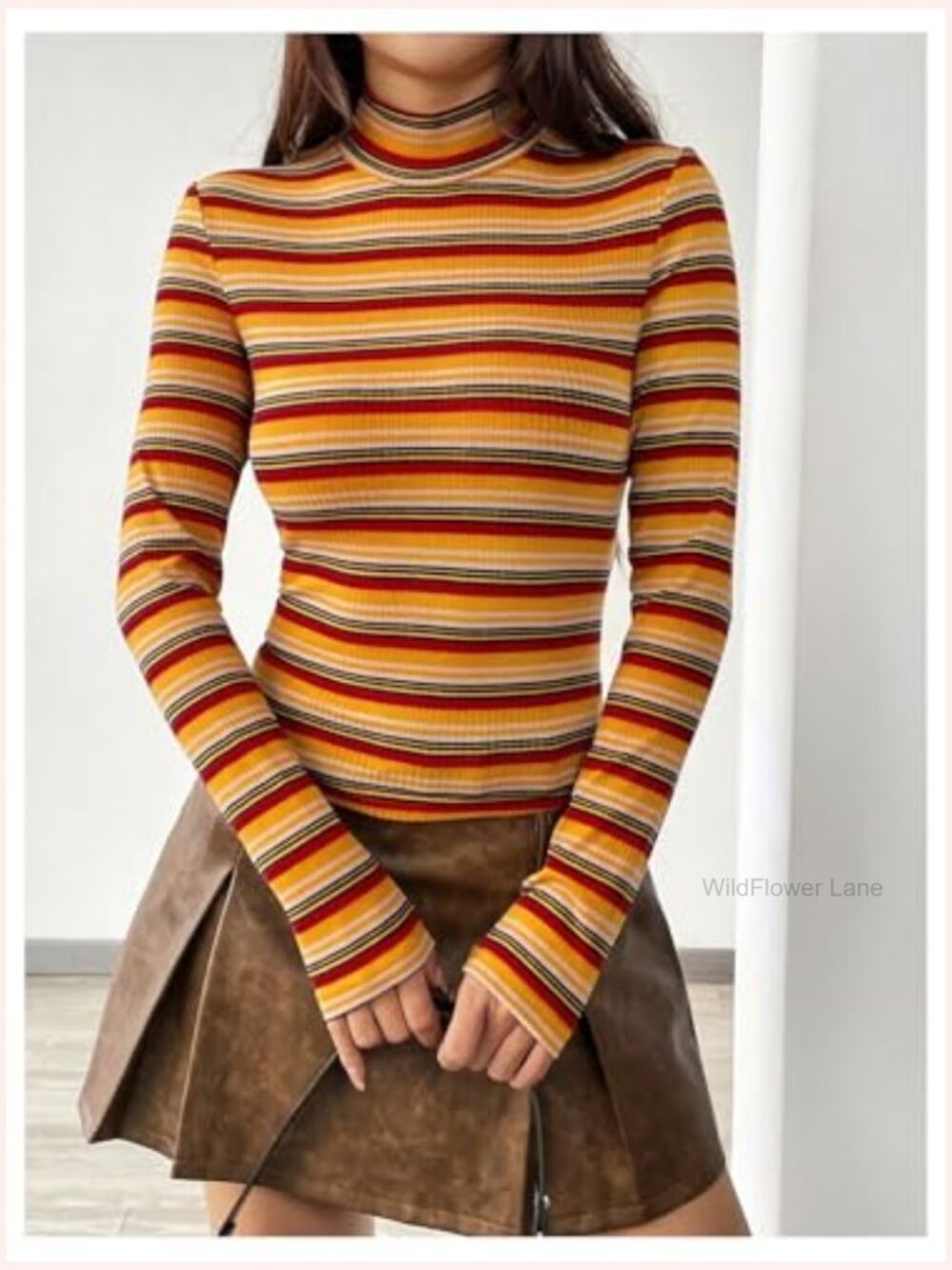 Long Sleeve Mock Neck Slim Fit Striped T-Shirt Top - Picture 3 of 6